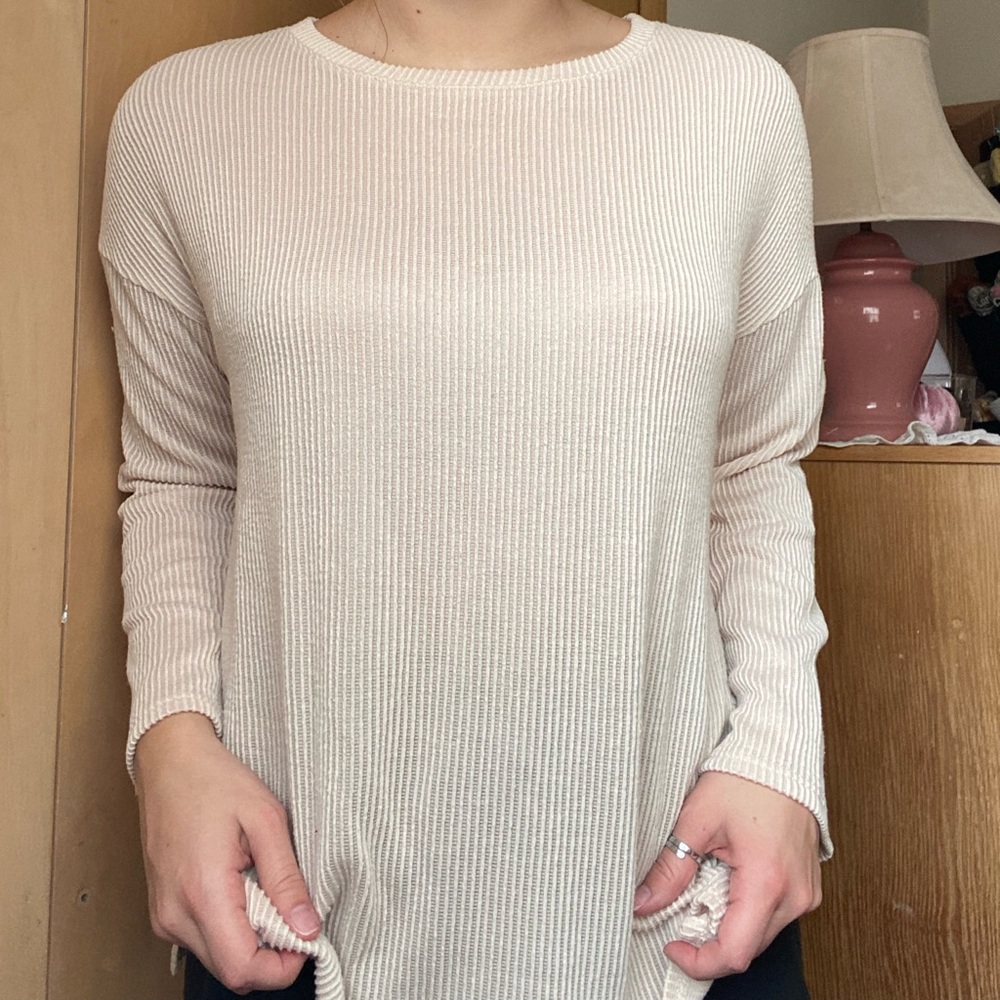 Cream Ribbed Knit Lightweight Sweater